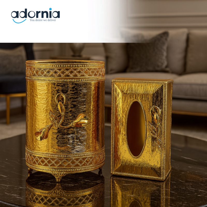 LUXURY GOLD PLATED TISSUE BOX AND TRASH BIN SET FOR VILLA ROOM DECOR