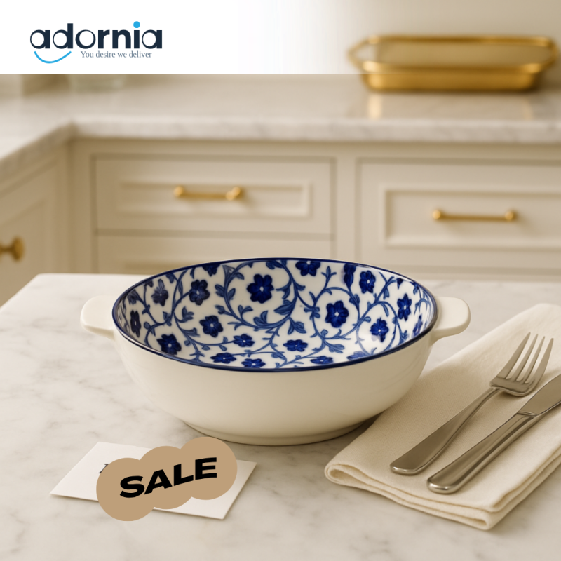 Royal Bloom Ceramic Serving Bowl – Blue Floral Interior
