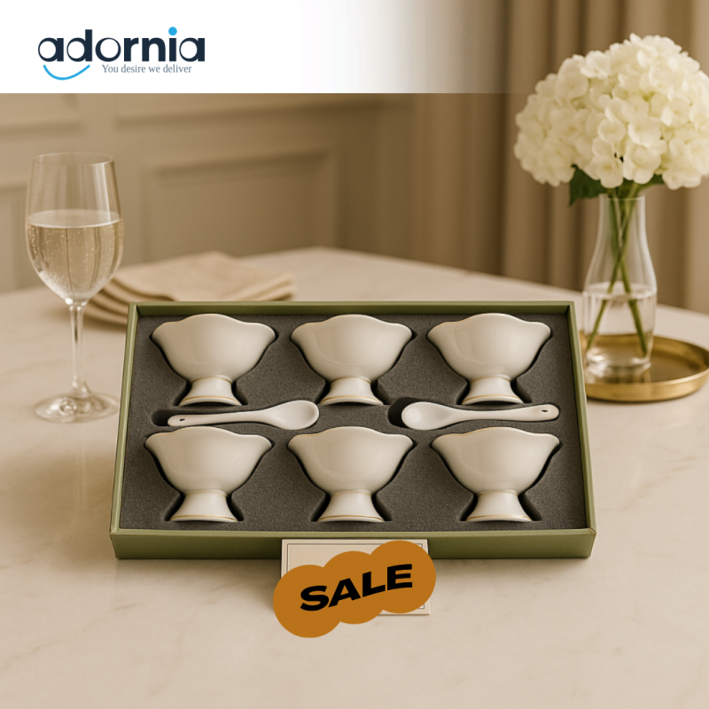 Elegant White Dessert Bowl Set with Spoons – 6-Piece High Tea Gift Box