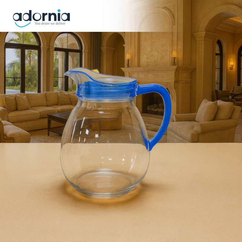 LUXURWAVE ELEGANT CLEAR GLASS JUG – MODERN WATER & JUICE SERVER FOR DINING TABLE & KITCHEN USE - BLUE KY812