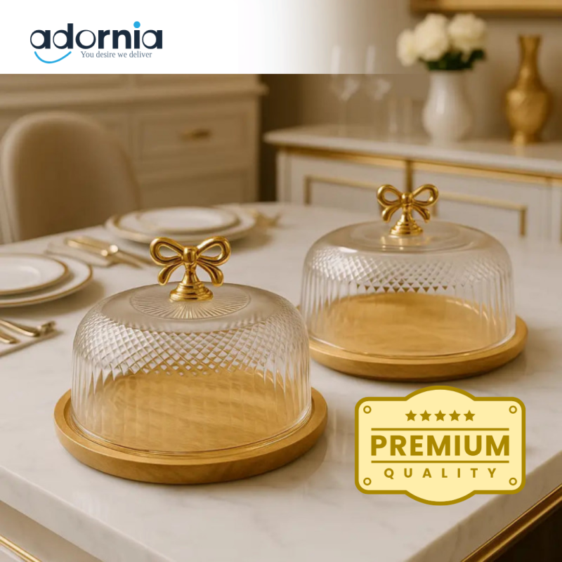 Luxury Acrylic Cake Dome with Golden Bow Handle & Bamboo Tray – Elegant Cake Dish
