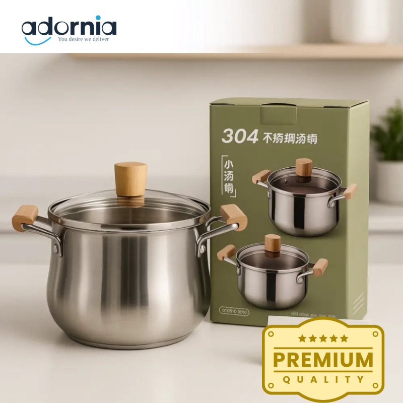 Premium 304 Stainless Steel Cooking Pot with Wooden Handles & Glass Lid