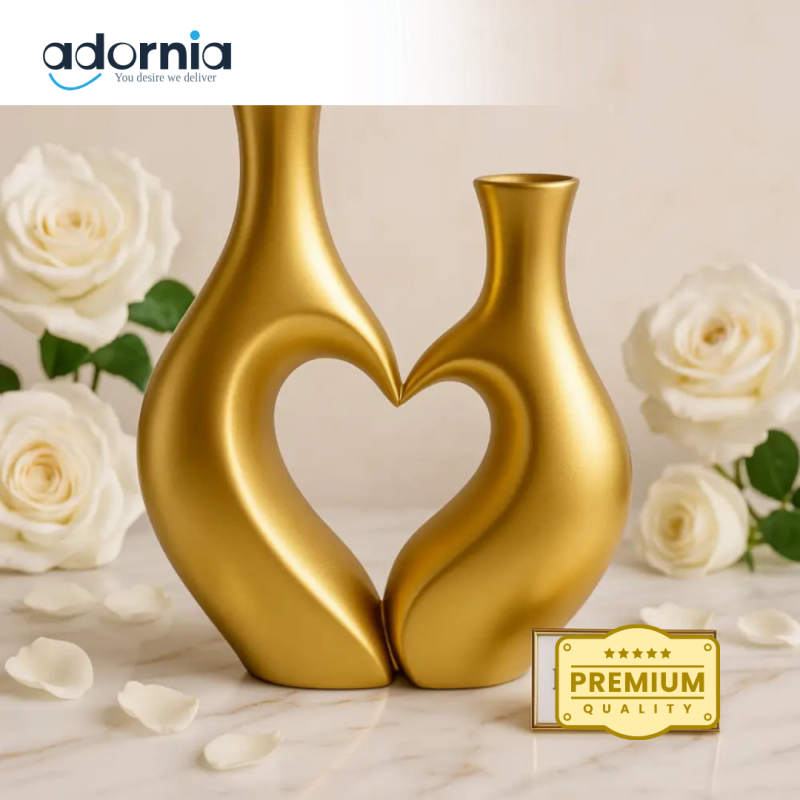 Golden Heart Duo Vases – Luxury Decorative Showpiece Set