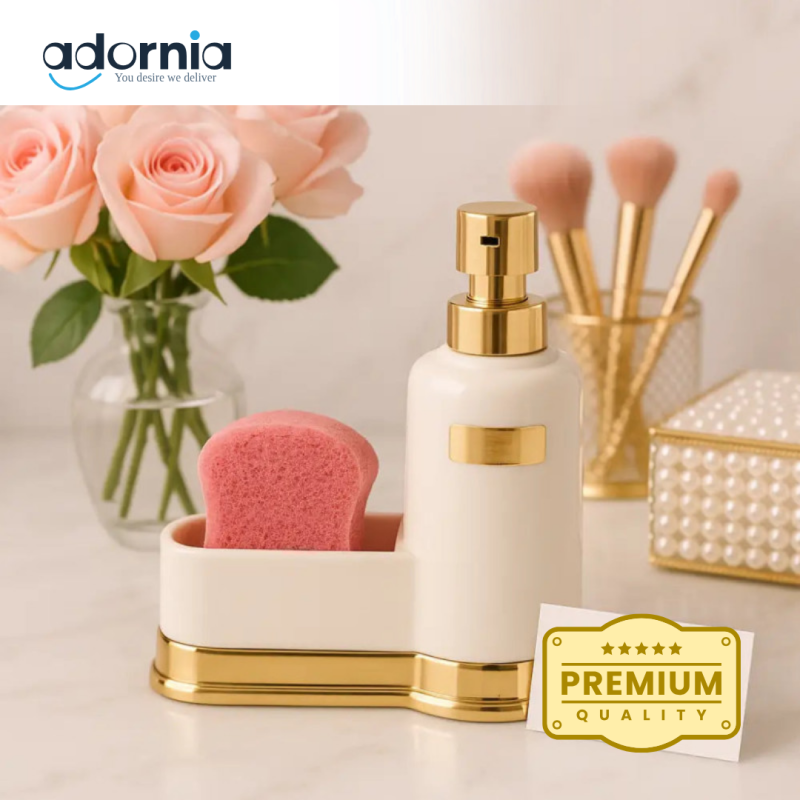 Luxury White & Gold Soap Dispenser with Sponge Holder – Elegant Vanity & Kitchen Accessory