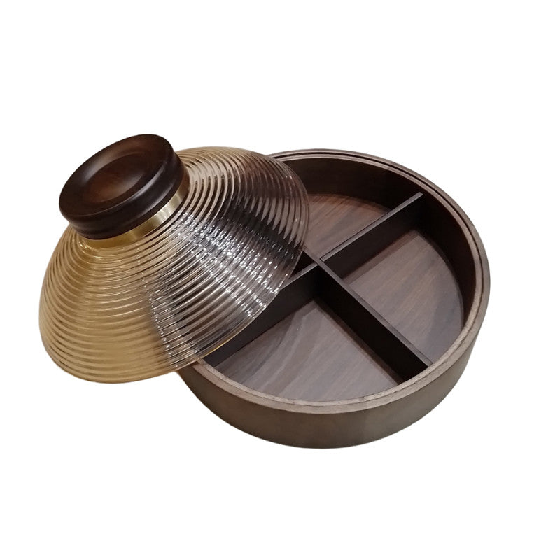 Round Dry Fruit Storage Box 4 Compartments – Wooden Brown