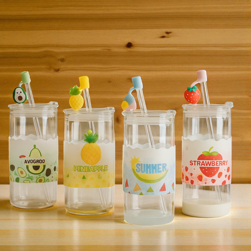 Glass Water Cup 410 ml – Straw & Airtight Lid | Fruit Series by adornia.pk