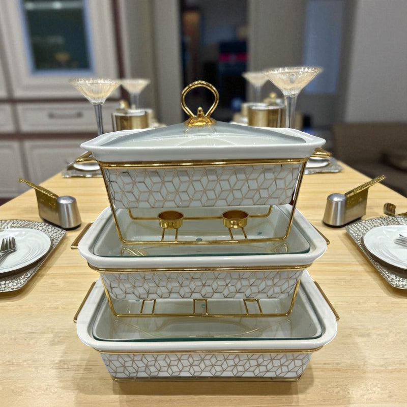 Luxury Imported Rectangular Porcelain Serving Dish (White Textured) – Glass Lid & Side Handles for Easy Carry - Three Sizes