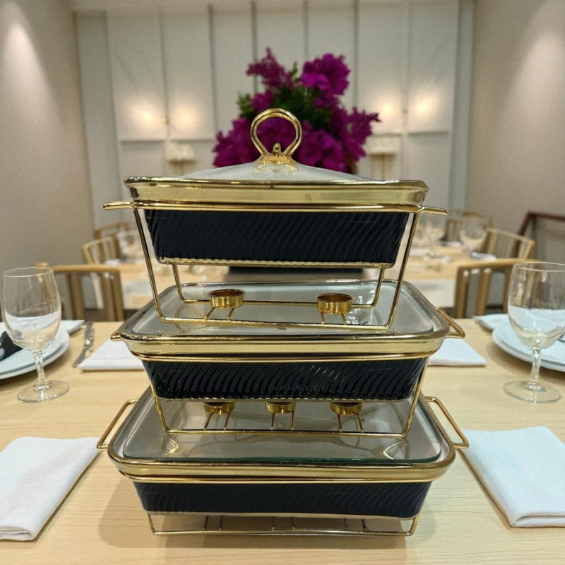 Luxury Imported Rectangular Porcelain Serving Dish (Black) – Glass Lid & Side Handles for Easy Carry - Three Sizes