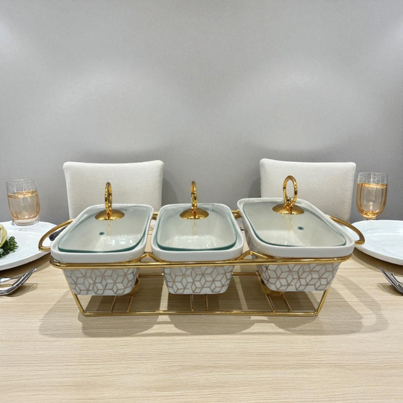 Elegant Triple Chafing Serving Dishes with Handles & Metal Stand – White Textured Buffet Set (9