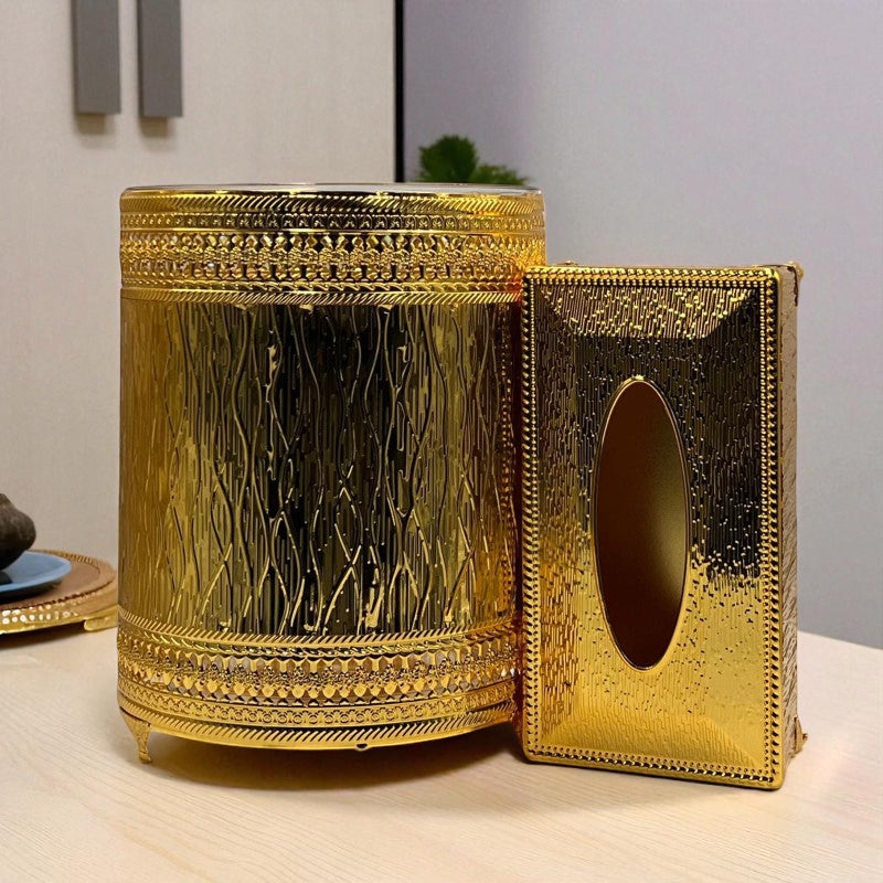 Regal Luxury Golden Tissue Box & Bin Set with Beautiful Detailing