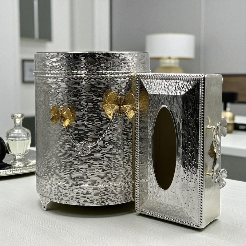 Regal Luxury Silver Textured Tissue Box & Bin Set with Butterfly Accents