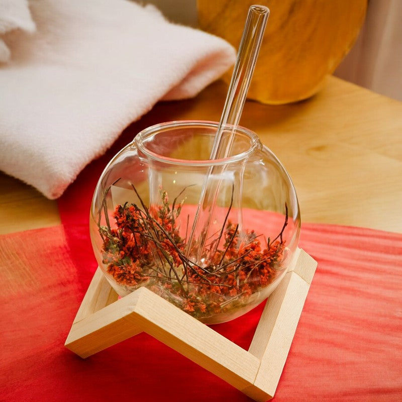 GlassLux Double-Wall Glass Coffee Cup with Straw & Wooden Stand – Heat Resistant | Adornia.pk