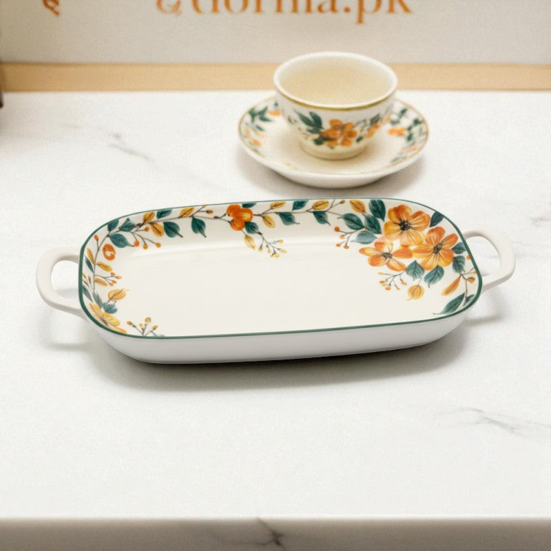 The Brilliant 14-Inch Oval Plate with Handle – Elegant Porcelain Serving Platter for Meals & Appetizers | Adornia.pk
