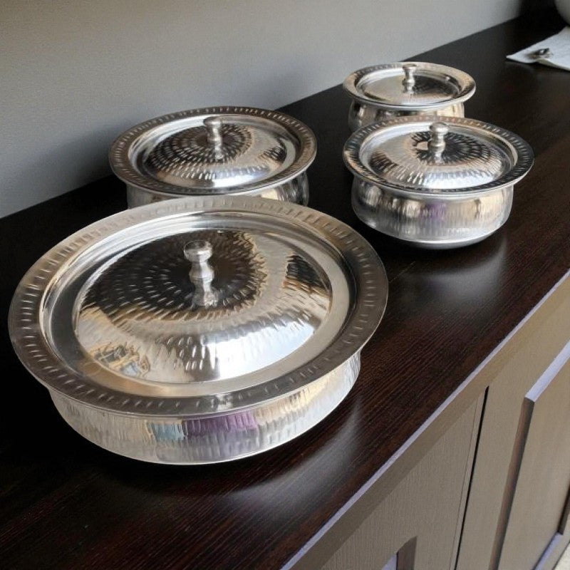 Stainless Steel Serving Handi Set (4 Pcs) – Traditional Silver Cookware & Table Serveware | Adornia.pk