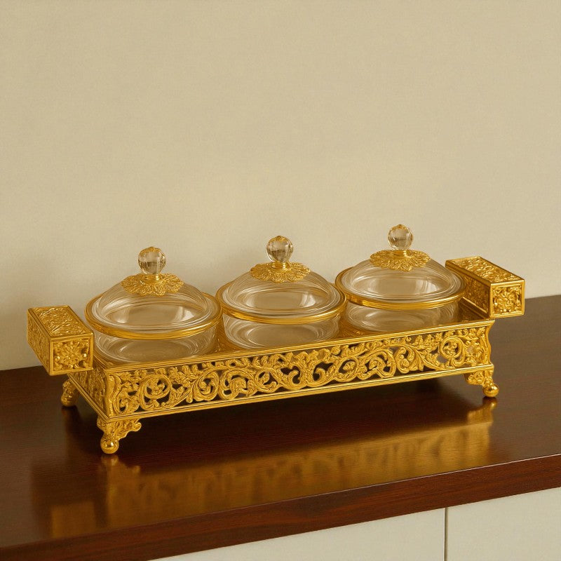 Luxury Golden 3-Bowl Serving Set with Crystal Lids – Premium Decorative Food Server