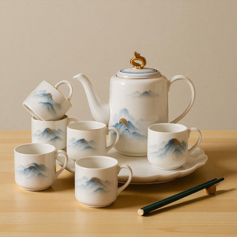 Elegant Japanese Porcelain Tea Set – 7 Pcs | Hand-Painted Mountain Design | Premium Teapot with 6 Cups