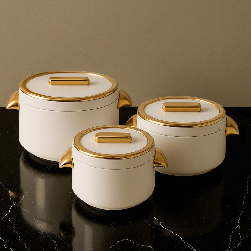 Luxury White & Gold Insulated Hotpot Set – 3pcs Premium Food Warmer (1000ml, 2000ml, 3500ml)