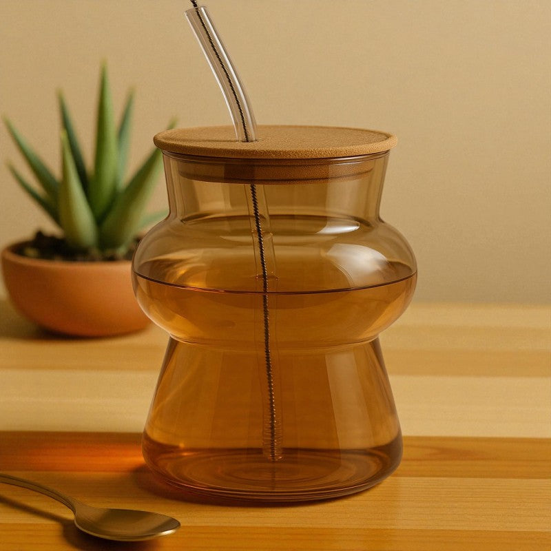 Amber Hourglass Glass Cup with Lid & Straw – Premium Reusable Drinking Cup