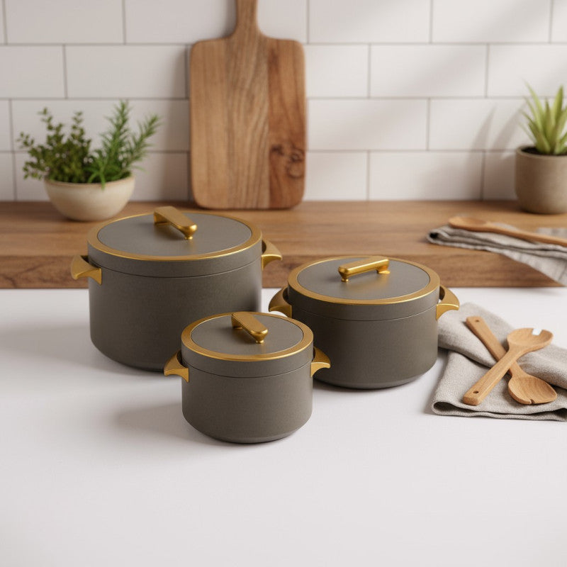 Premium 3-Pcs Insulated Hotpot Set – Grey & Gold | 1000ml, 2000ml, 3500ml
