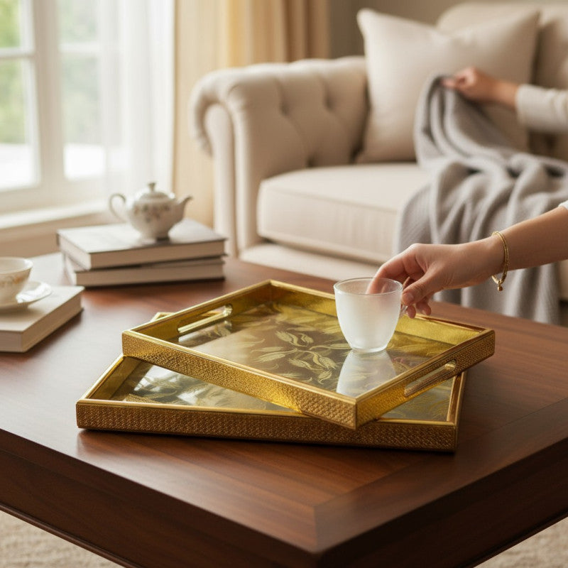 Luxury 2-Piece Glass Luxury Gold Wheat-Pattern Serving Tray Set