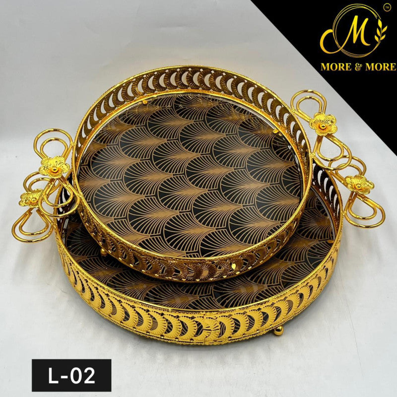 Elegant Black Brown Texture & Golden Border 2pcs Round Tray Set