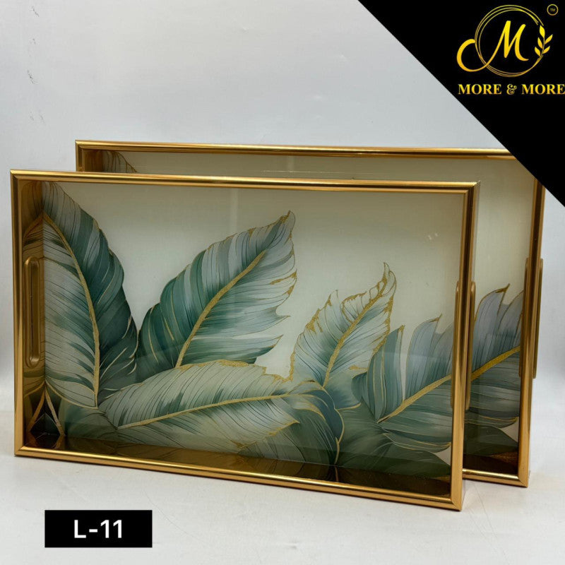 Vibrant Floral Acrylic Tray Duo with Golden Frame – 2 Piece Set