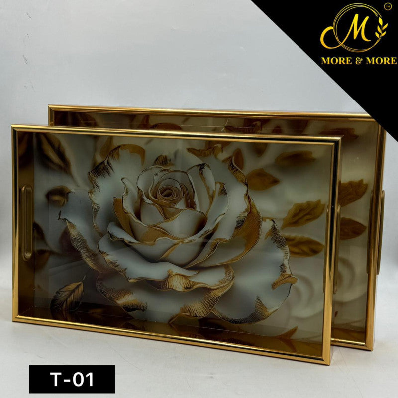 Artistic Floral Acrylic Tray Duo with Golden Accent – 2 Piece Set
