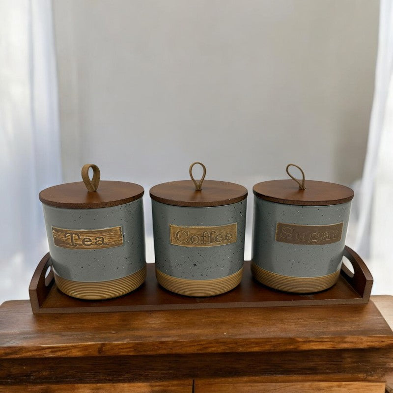 Premium Rustic 3 Pcs Ceramic Jar Set with Wooden Tray | Adornia.pk