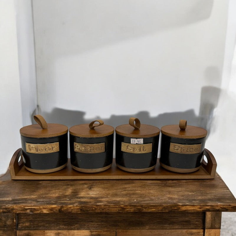 Luxury Ceramic Jar Set – 4 Pcs With Wooden Lids | Adornia.pk
