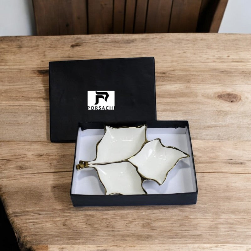 Porcelain Leaf-Shaped Serving Dish – 2 Compartments, Gold-Edged Luxury Design | Adornia.pk