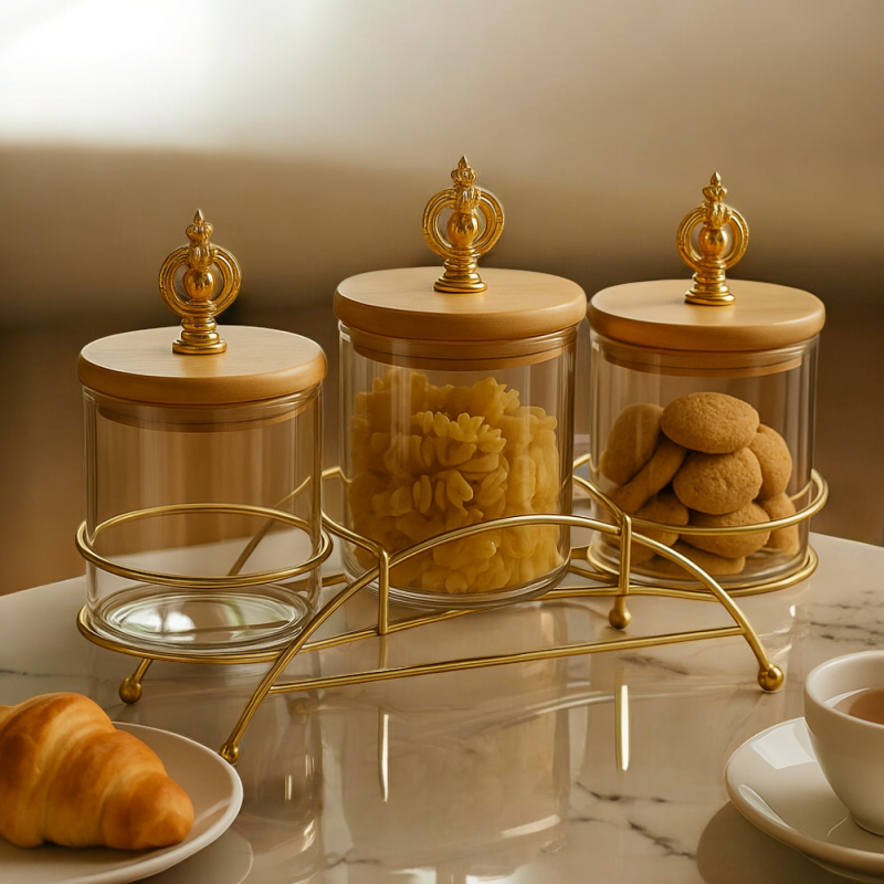 Royal Glass Canister Set – Gold Tops with Decorative Metal Holder | Adornia.pk