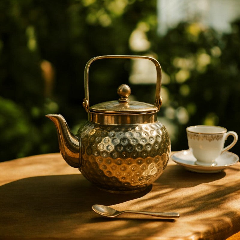 Premium Handcrafted Hammered Brass Tea Kettle – Vintage Golden Tea Pot with Handle | Adornia.pk