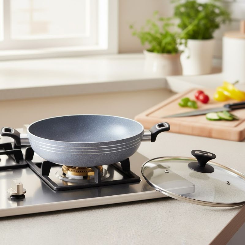 Kitchen King 28cm Marbelo Marble-Coated Wok / Karahi with Glass Lid