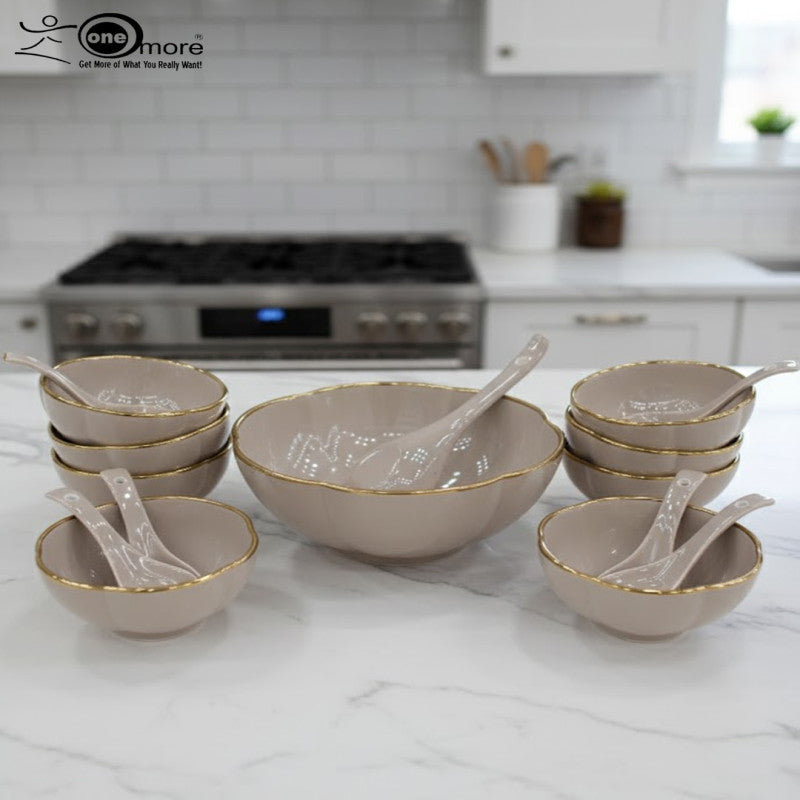 14-Piece Luxury Ceramic Soup Bowl Set with Gold Trim – 5 Color Options, Includes 1 Serving Bowl & 6 Dinner Bowls