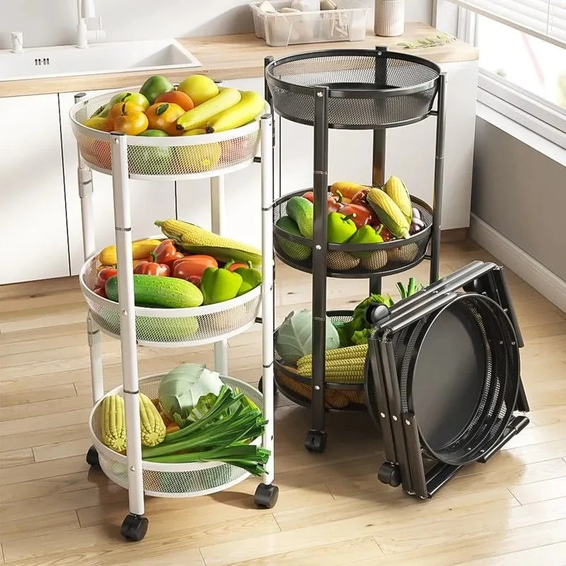 “3-Tier Foldable Kitchen Rack – Mobile Fruit and Vegetable Cart”