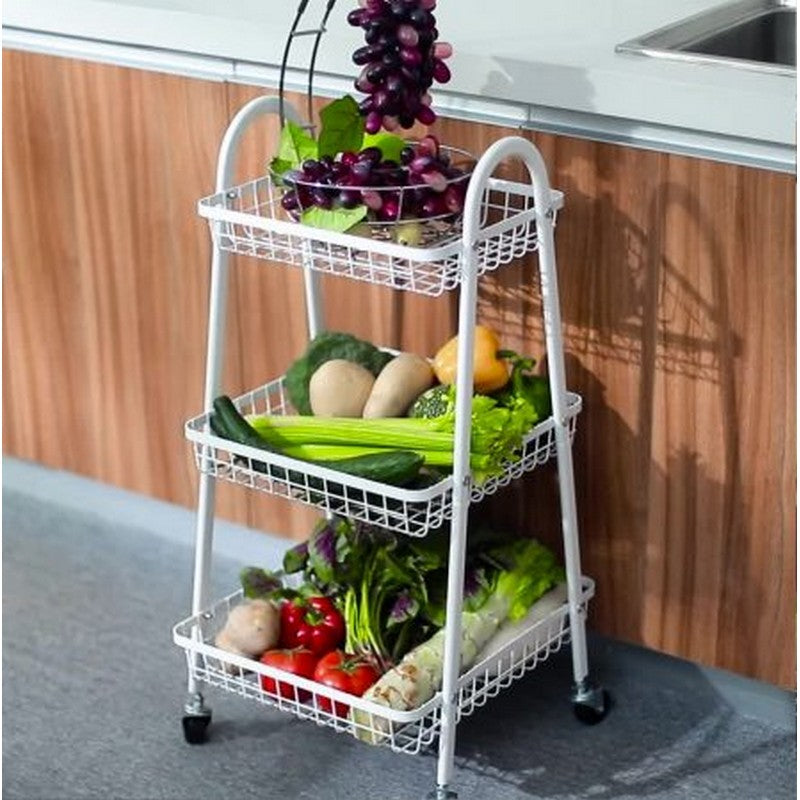 “Kitchen Storage Cart with 3 Metal Tiers – Mobile Rack for Fruits, Vegetables & Utensils”