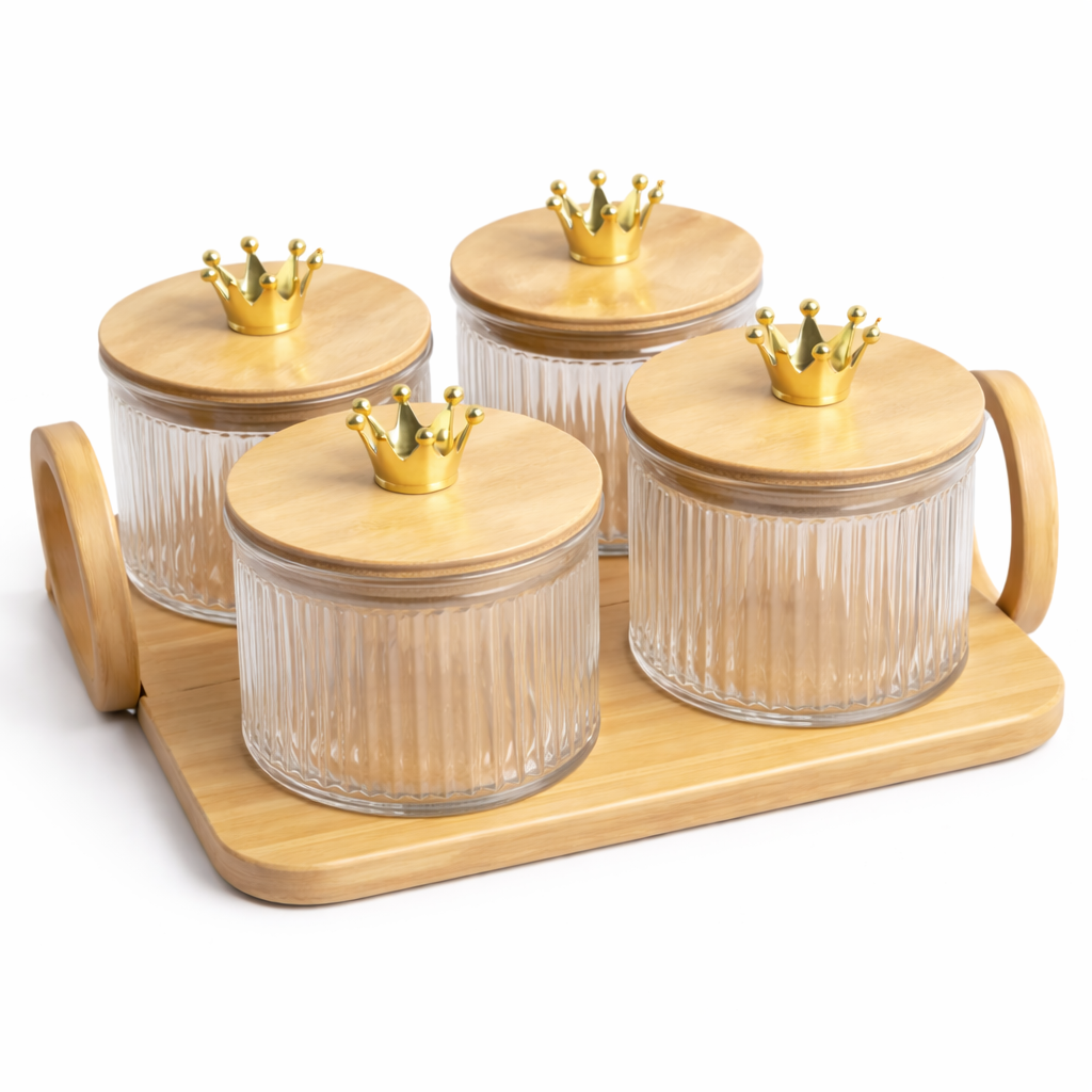 5Pcs Glass Storage Jar Set with Crown Knobs & Bamboo Tray