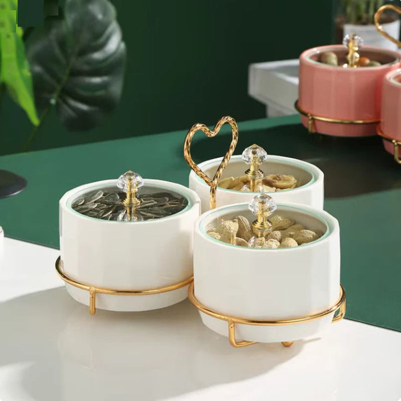 3-Division Dry Fruit Bowls White With Golden Stand