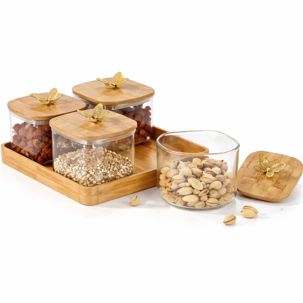 5Pcs Glass Storage Jar Set with Decorative Butterfly Bamboo Lids & Wooden Tray – Luxury Dry Fruit Organizer