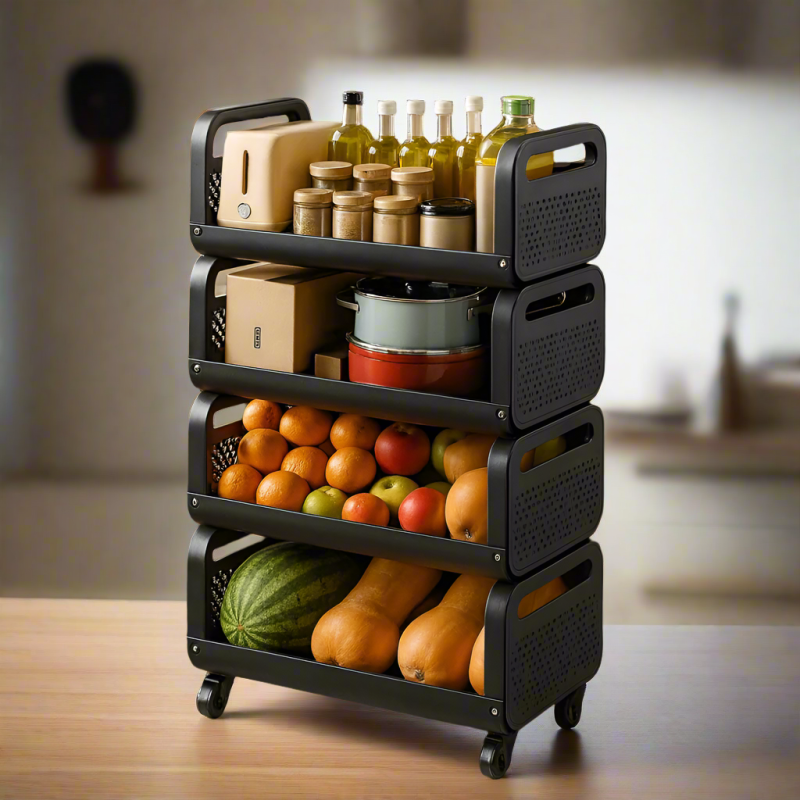 4 Tier Black Metal Storage Rack with Wheels | Heavy-Duty Kitchen & Pantry Organizer for Fruits, Vegetables, Bottles & Groceries