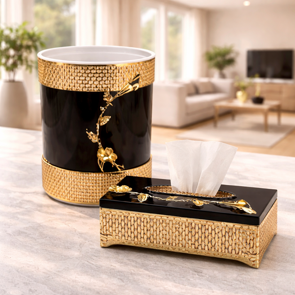 Luxury Black & Gold Decorative Tissue Box & Dustbin Set