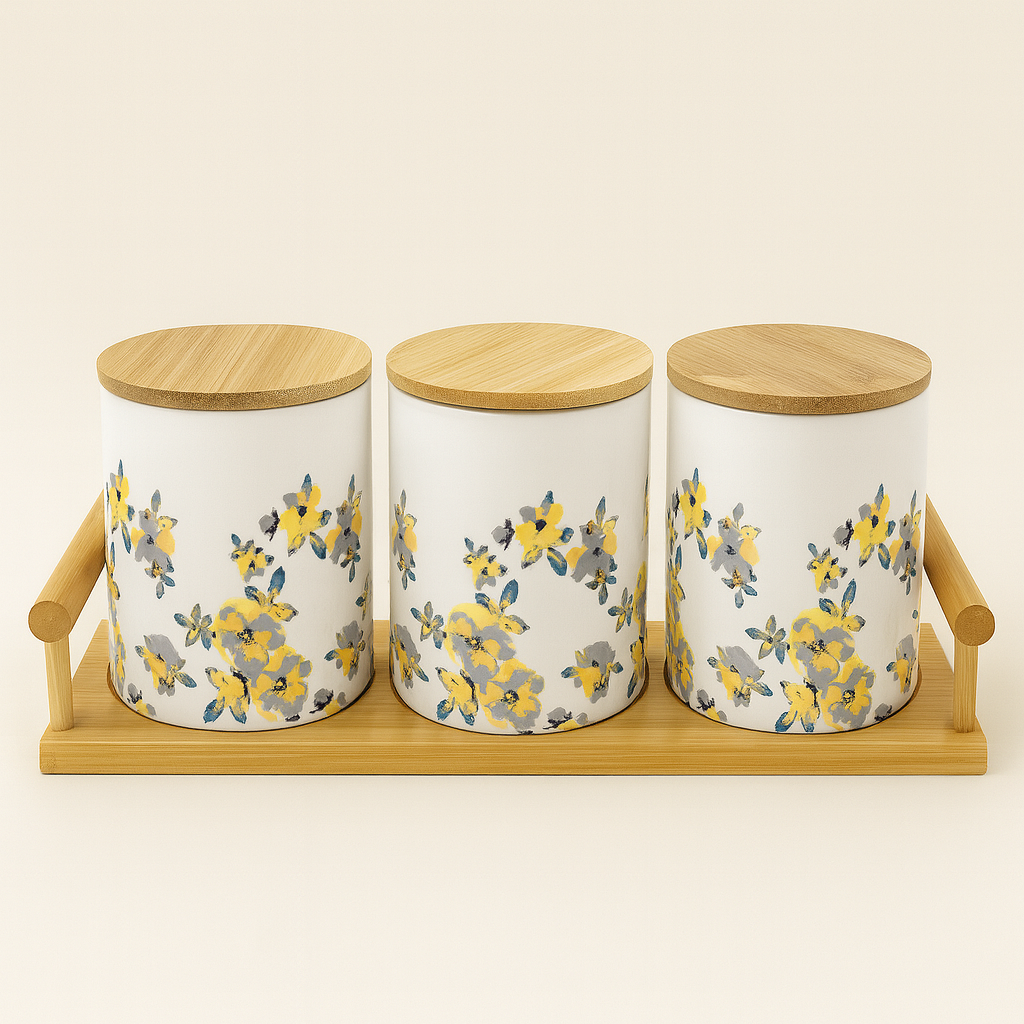 Floral Ceramic Jar Set of 3 with Bamboo Tray
