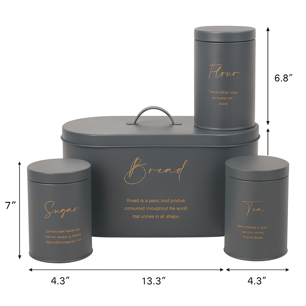 4-Piece Metal Bread Bin and Canister Set - Grey