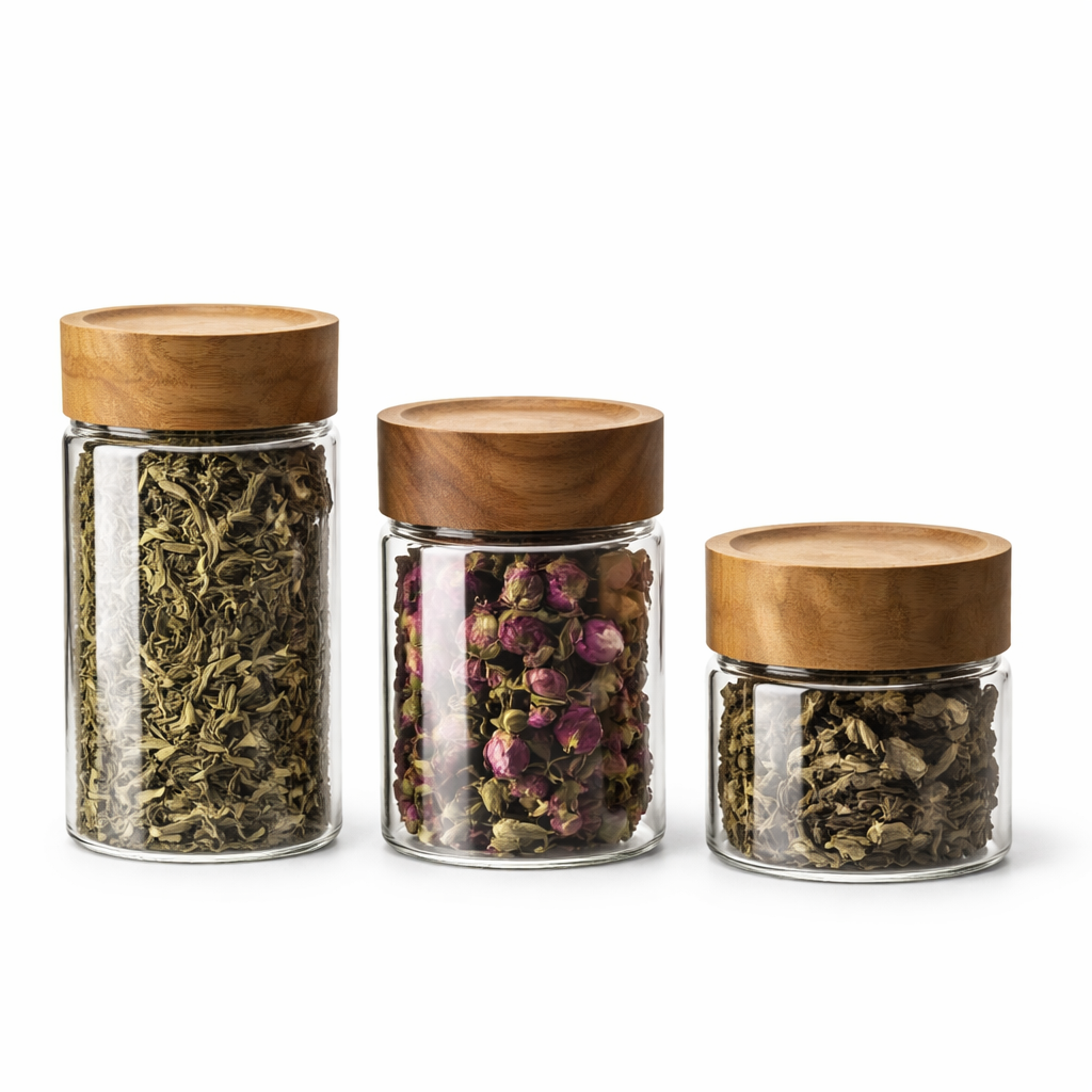 Clear Glass Storage Jars with Wooden Lids