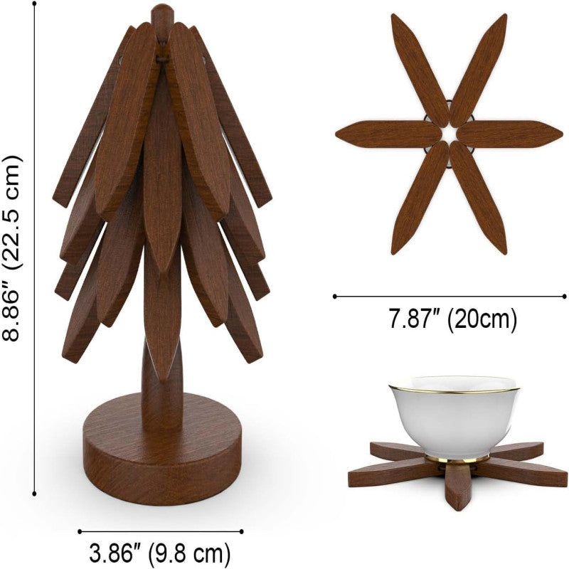 Premium Wooden Foldable Coaster Set & Hot Pot Table Trivet with Storage Stand