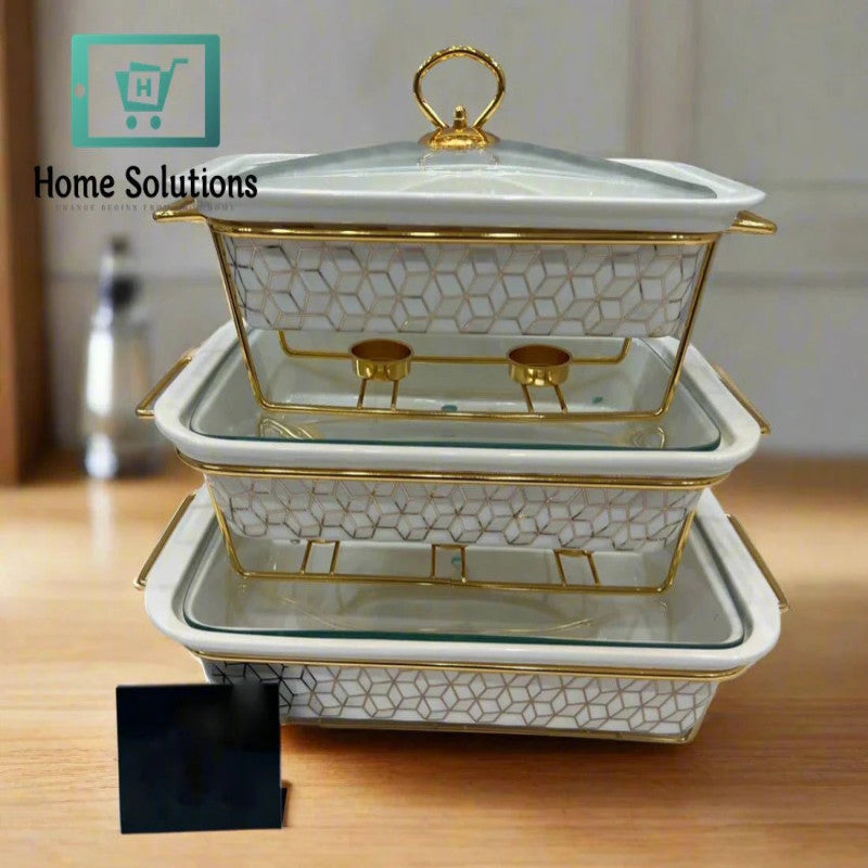 3-Piece Rectangular Ceramic Chafing Dish Set – Gold Pattern Casserole with Stand