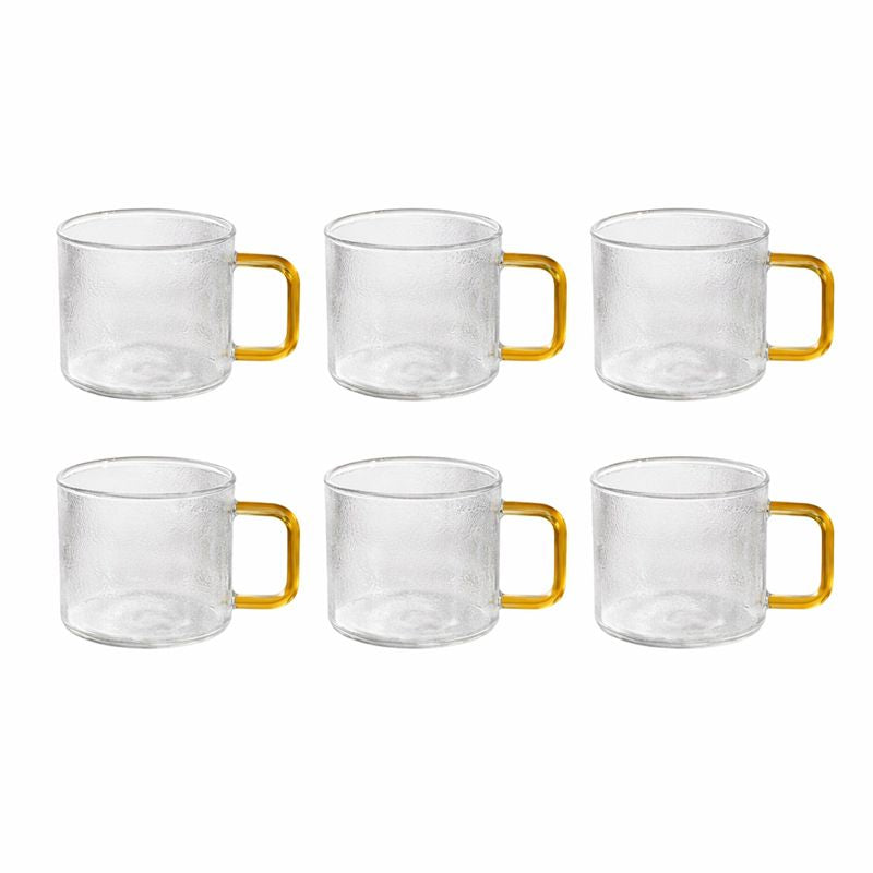 Pack of 6 Textured Glass Mug with Colorful Handle – Elegant Tea & Coffee Cup