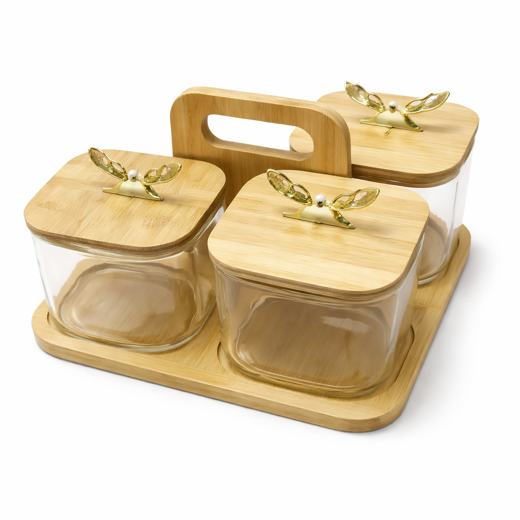 5Pcs Glass Storage Jar Set with Butterfly Knobs & Bamboo Carry Tray - MYK DEALS