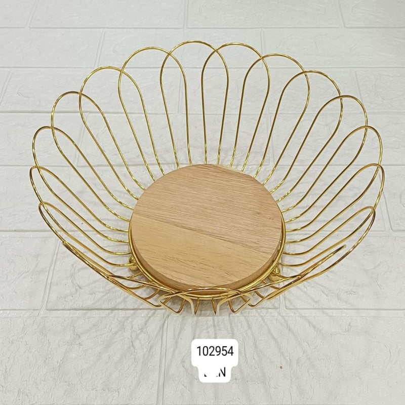 Luxury Golden Wire Fruit Basket with Wooden Base – Decorative Storage Bowl