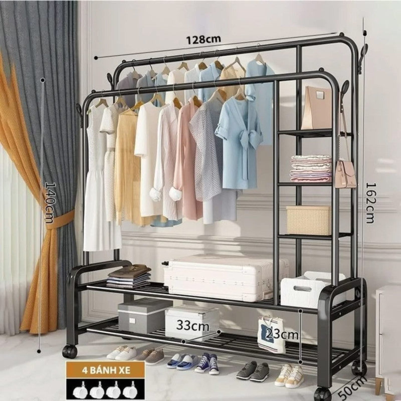 Dual Pole Movable Clothes Rack – Wardrobe Stand with Shelves & Coat Storage